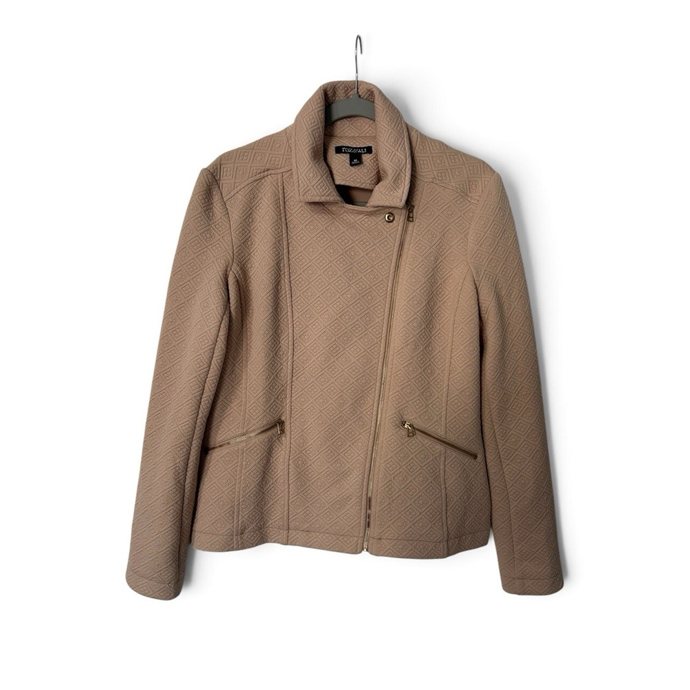 Roz & Ali Women's Textured Knit Moto Jacket M Beige Gold Zip Geometric